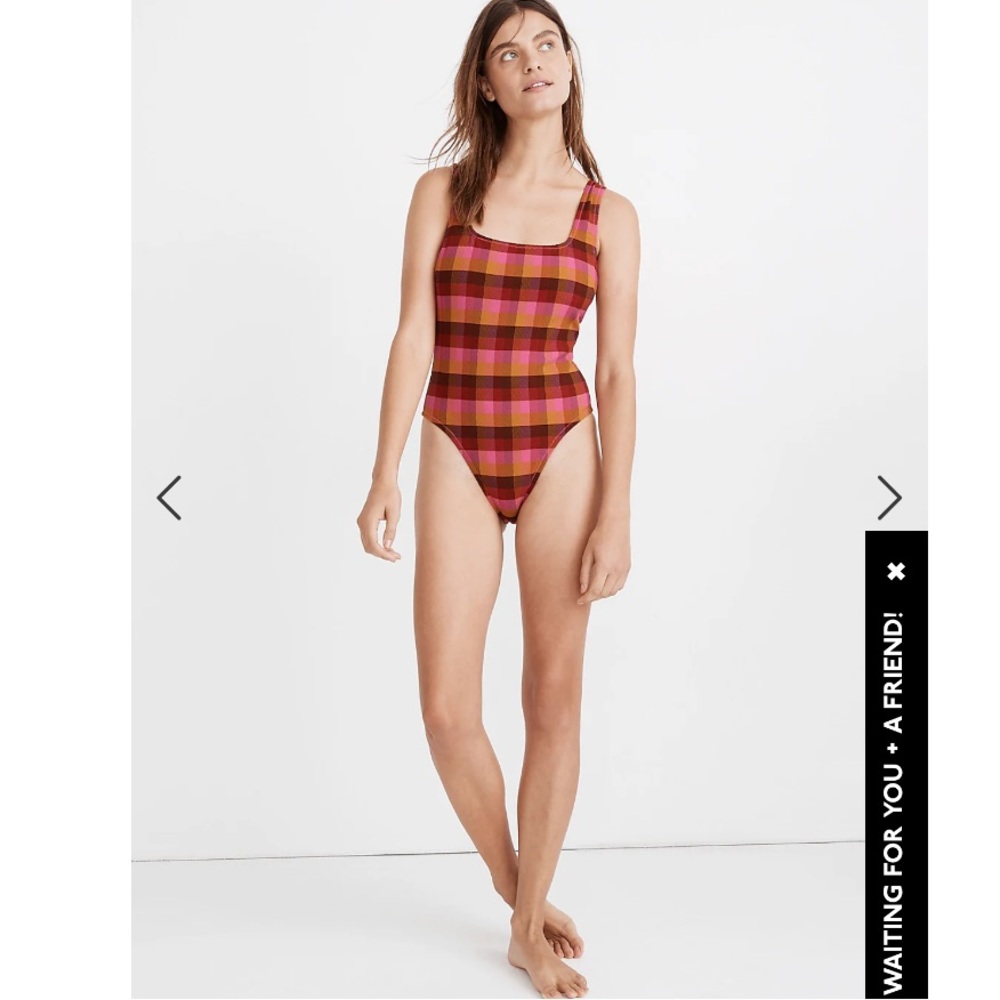 Madewell Second Wave Button-Back One-Piece Swimsuit in Azalea Check